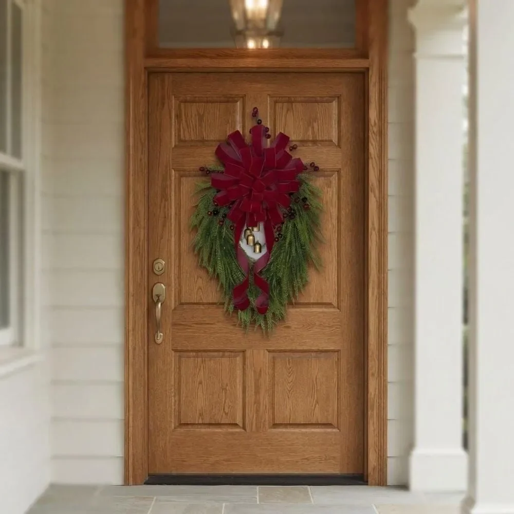 Traditional Christmas Teardrop Swag | Red Velvet Bow, Berries,, Gold Bells